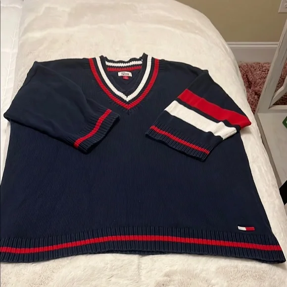 Tommy Hilfiger V-Neck Sweater Blue Red - Picture 1 of 8